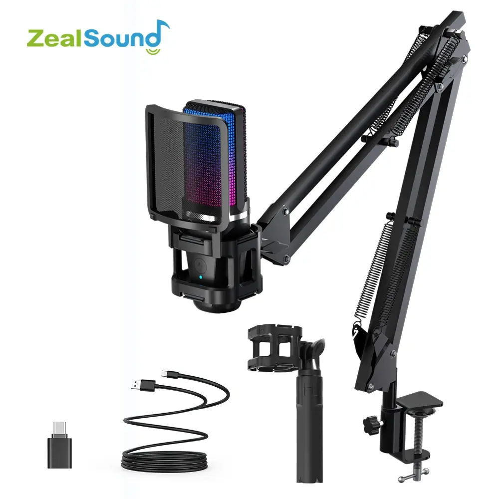 Microfone de gravação Zealsound RGB com braço articulado/microfone condensador USB com tripé para jogos Podcasting Streaming Youtube