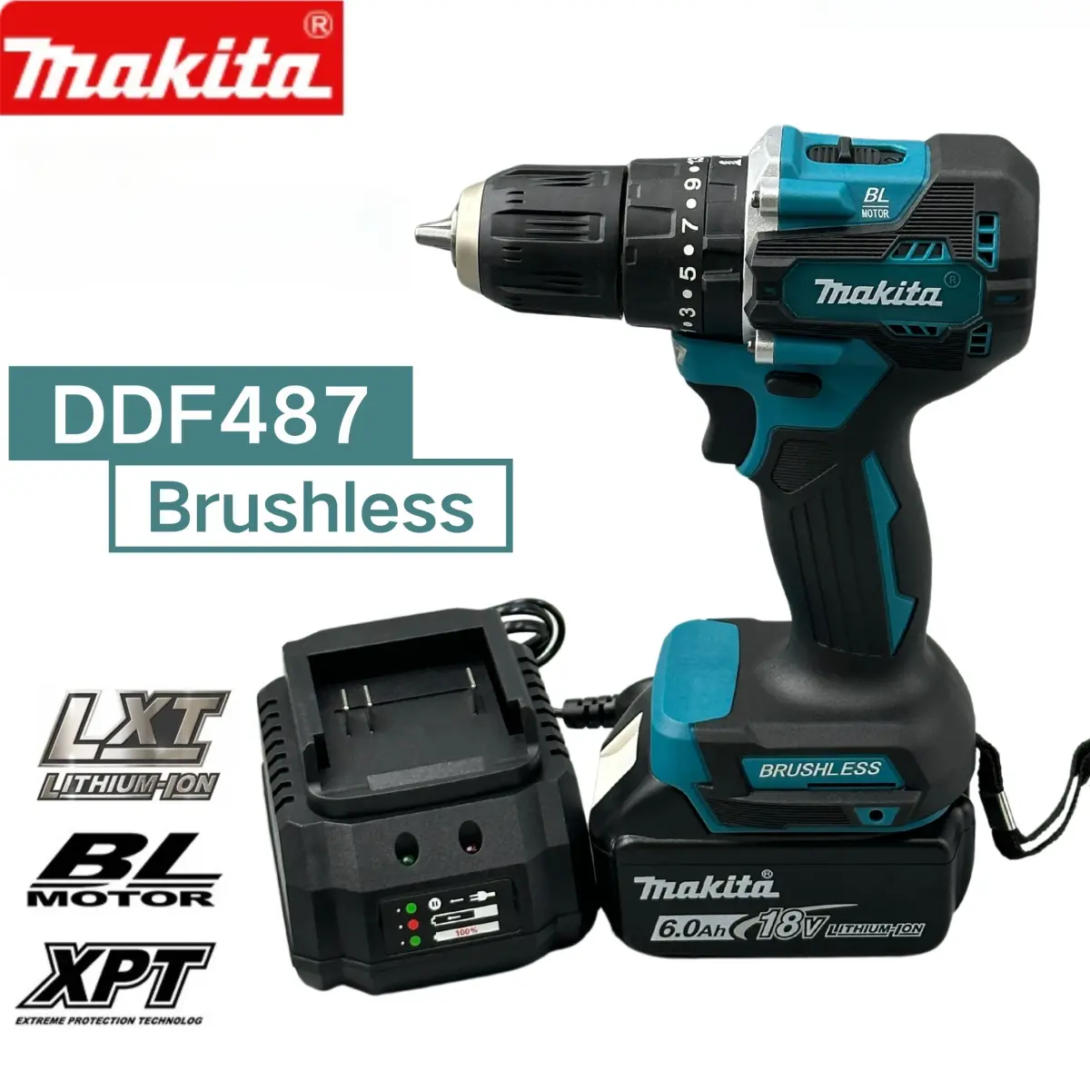 Parafusadeira Elétrica Makita DDF487 18V Sem Escovas, Furadeira Sem Fio, Furadeira a Bateria LXT, Motor Sem Escovas, Compacta, Ótima para Casais