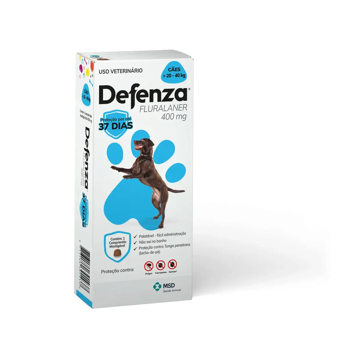 Defenza® 400mg - Antipulgas, Bicho-de-Pé, Carrapatos e Sarnas - Cães de 20 a 40kg - 1 Comp. Mastigável - MSD Saúde Animal - 1