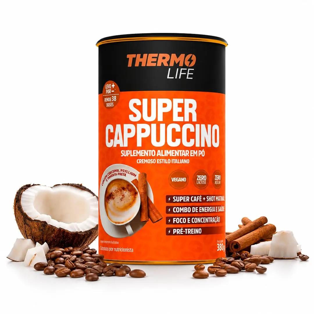Thermo Life Super Cappuccino Termogênico 380g Vegano com TCM e Especiarias Naturais Zero Lactose Zero Açúcar Sem Glúten 38 Porções - 1