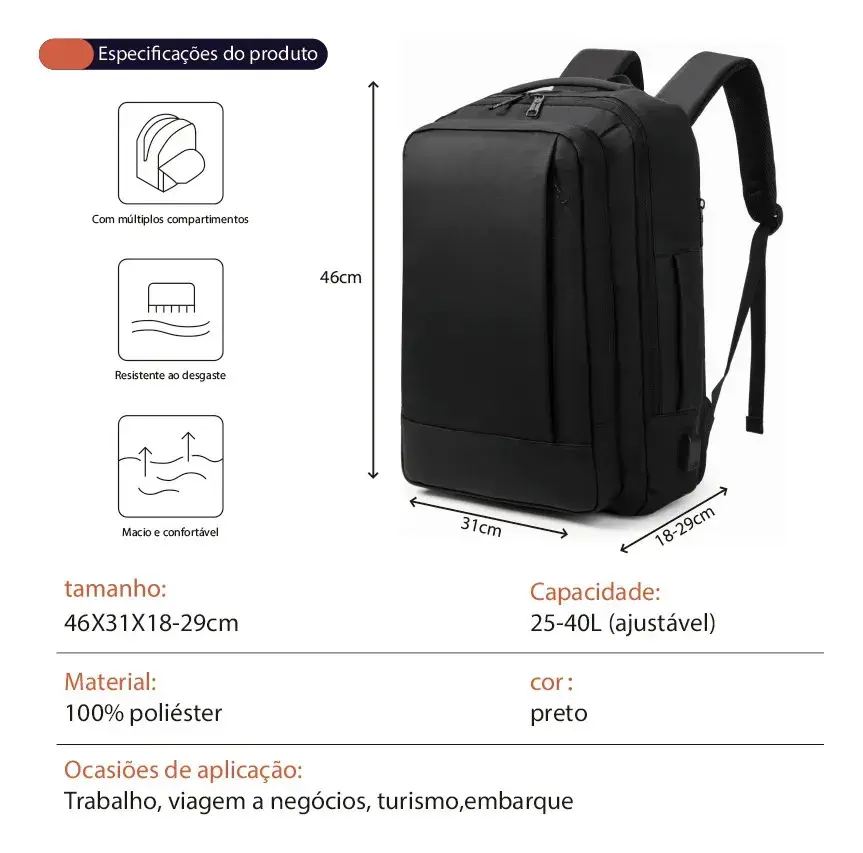 Mochila Dos Homens Com Faixa Impermeável Para Expansão Preto Liso thumbnail 2