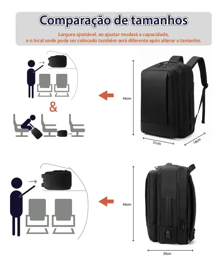 Mochila Dos Homens Com Faixa Impermeável Para Expansão Preto Liso thumbnail 3