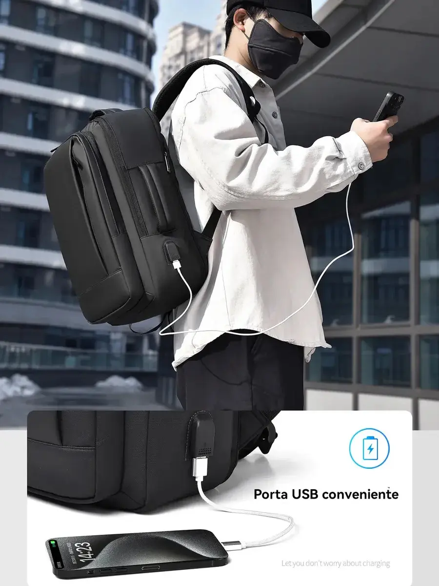 Mochila Dos Homens Com Faixa Impermeável Para Expansão Preto Liso thumbnail 5