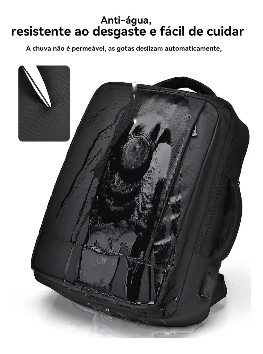 Mochila Dos Homens Com Faixa Impermeável Para Expansão Preto Liso thumbnail 6