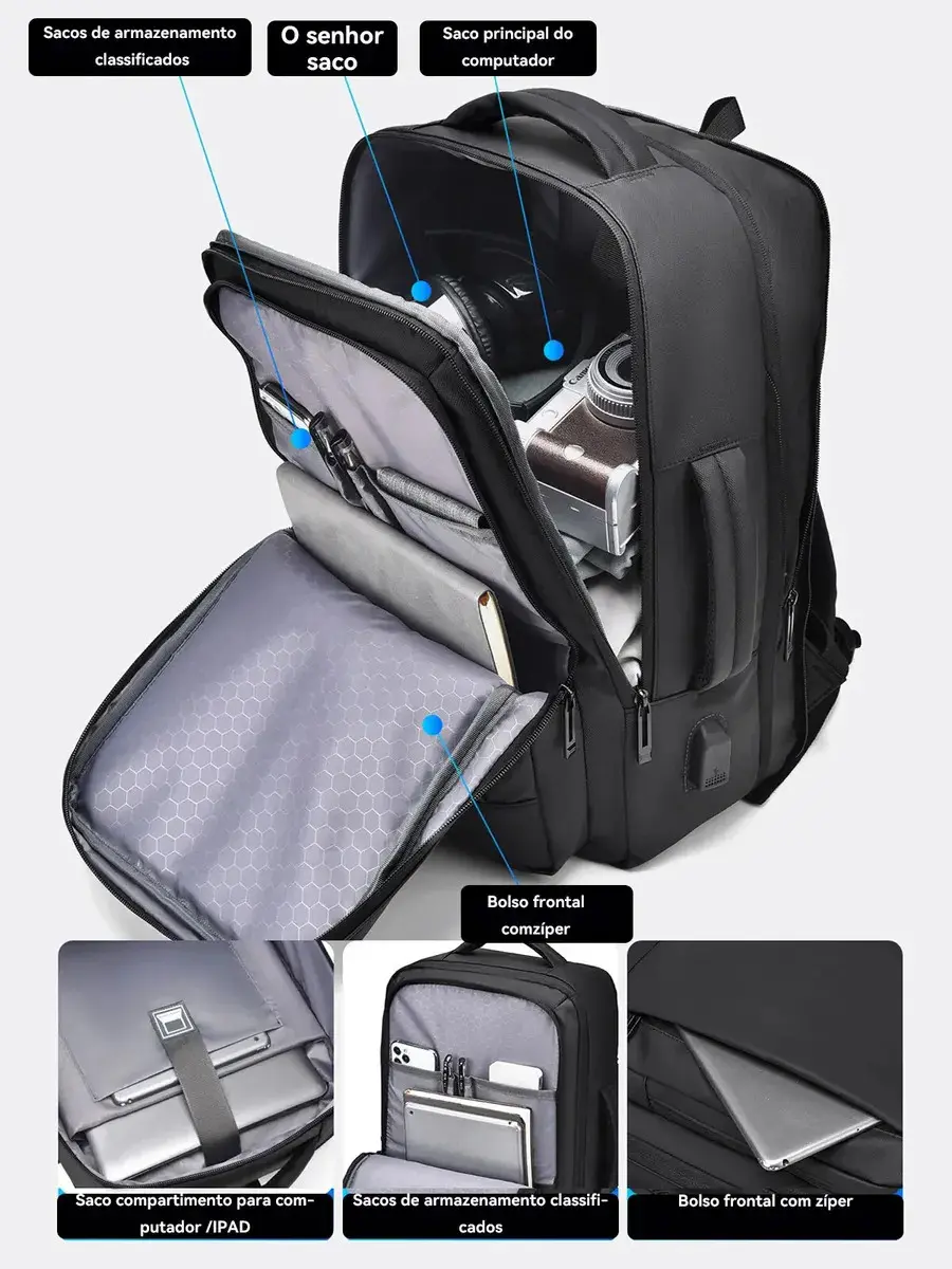 Mochila Dos Homens Com Faixa Impermeável Para Expansão Preto Liso thumbnail 7