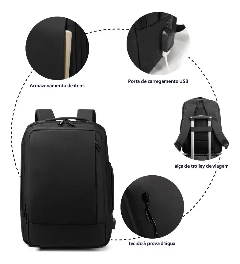 Mochila Dos Homens Com Faixa Impermeável Para Expansão Preto Liso thumbnail 9