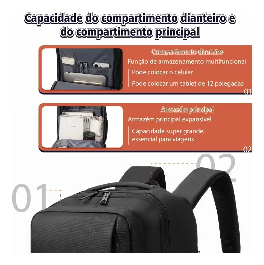 Mochila Dos Homens Com Faixa Impermeável Para Expansão Preto Liso thumbnail 10