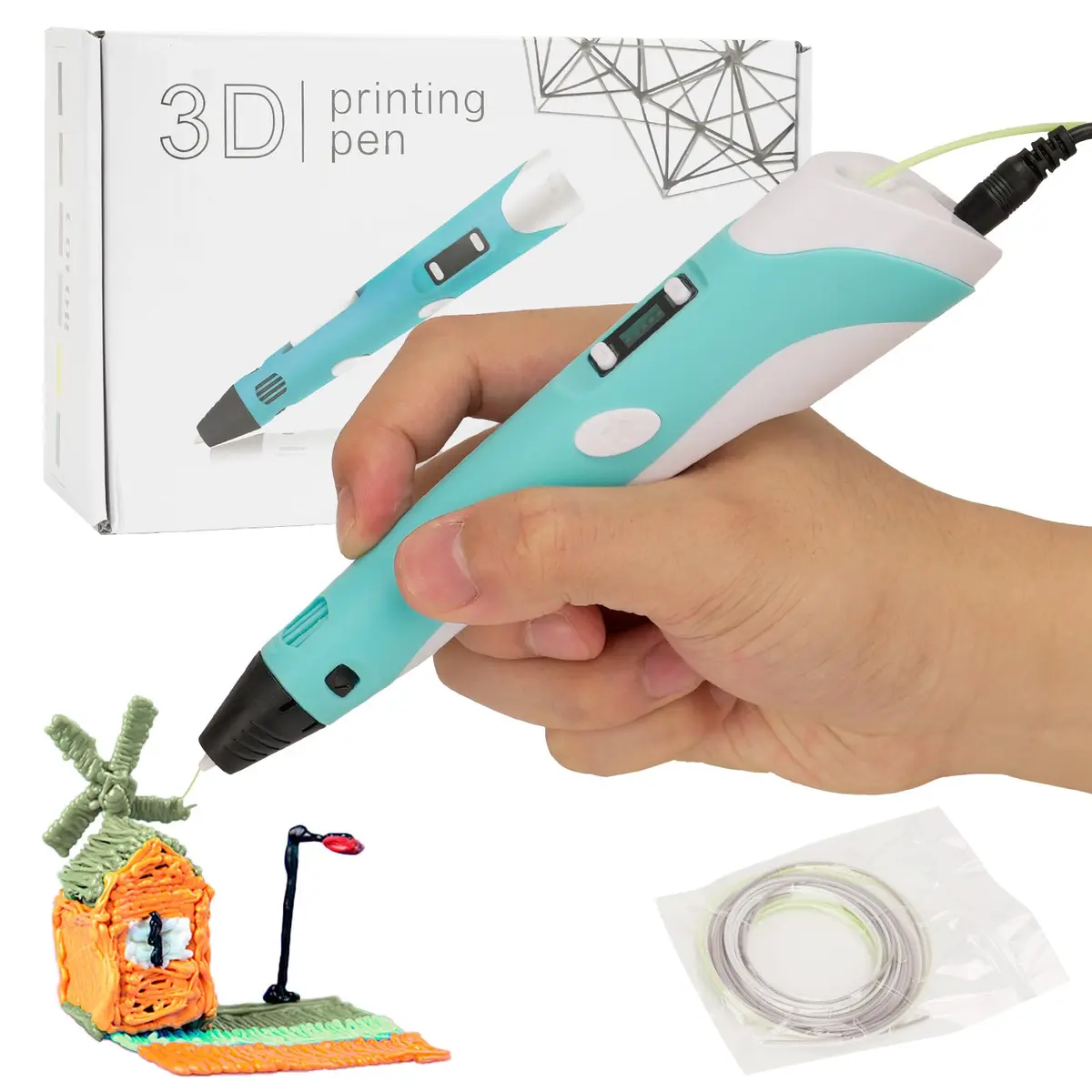 Caneta 3D Turquesa, Caneta de Impressão para Arte e Desenhos Tridimensionais com Filamento Multicolorido - 1