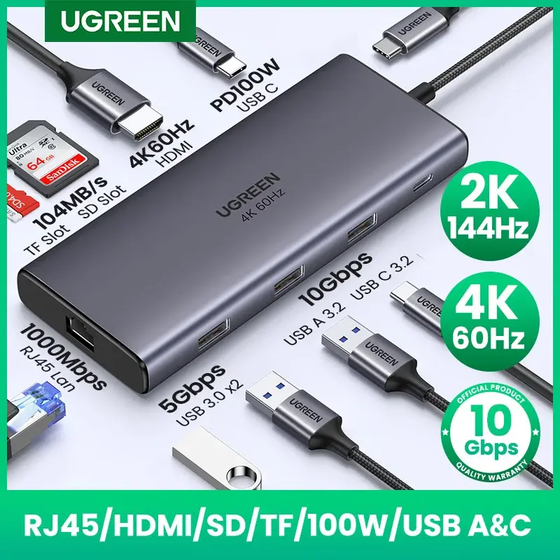 UGREEN USB-C HUB 9 em 1 Tipo-C para 4K60Hz HDMI 10Gbps de dados 1000Mbps RJ45 PD100W SD e TF para acessórios para laptop MacBook DELL iPad HP