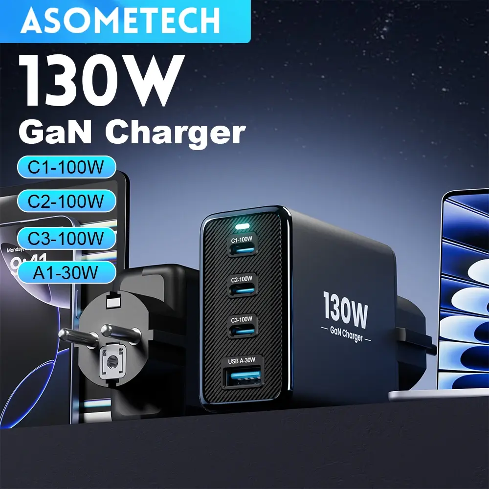 Gan carregador usb tipo c 130w 4 portas pd3.0 qc4.0 3.0 carregamento rápido aterrado para samsung iphone 17 16 pro laptop telefone chagers