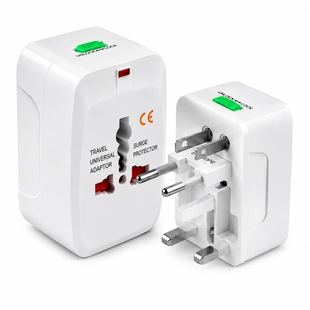 Kit 2 Adaptadores Tomada Universal Internacional Viagem +150 Países | Ideal para viagens, intercâmbio e hotéis - Design compacto - Trava Lock/Unlock para maior segurança dos pinos - 1