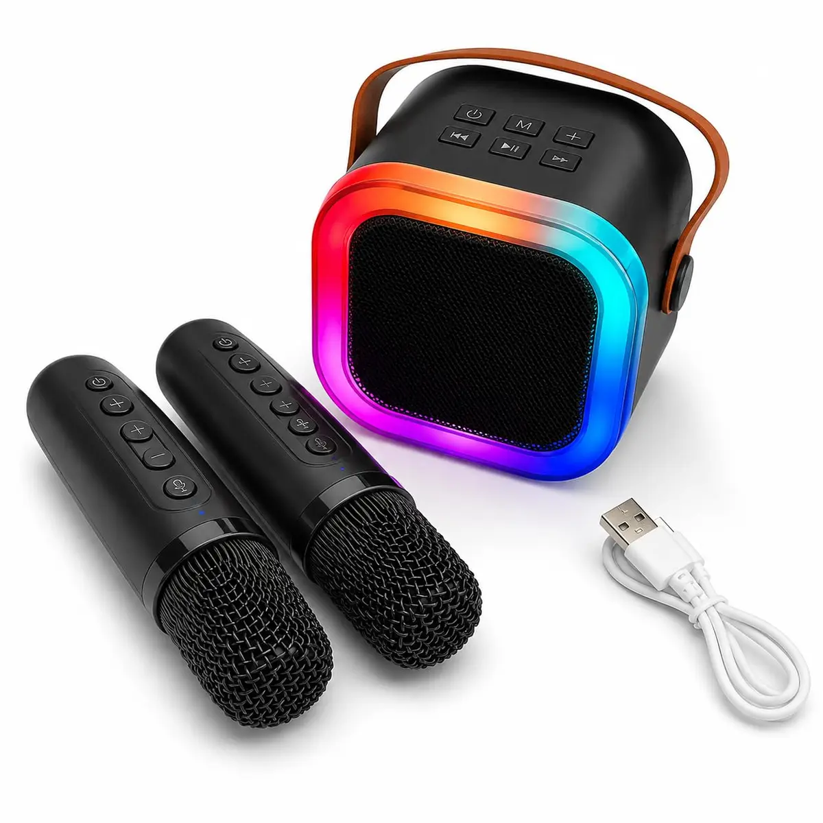 Caixa de Som Karaokê Portátil Bluetooth com 2 Microfones Sem Fio, LED RGB Colorido, 5 Modos de Voz, Alça para Transporte, USB, AUX e TF, Bateria Recarregável (Preto) - 1