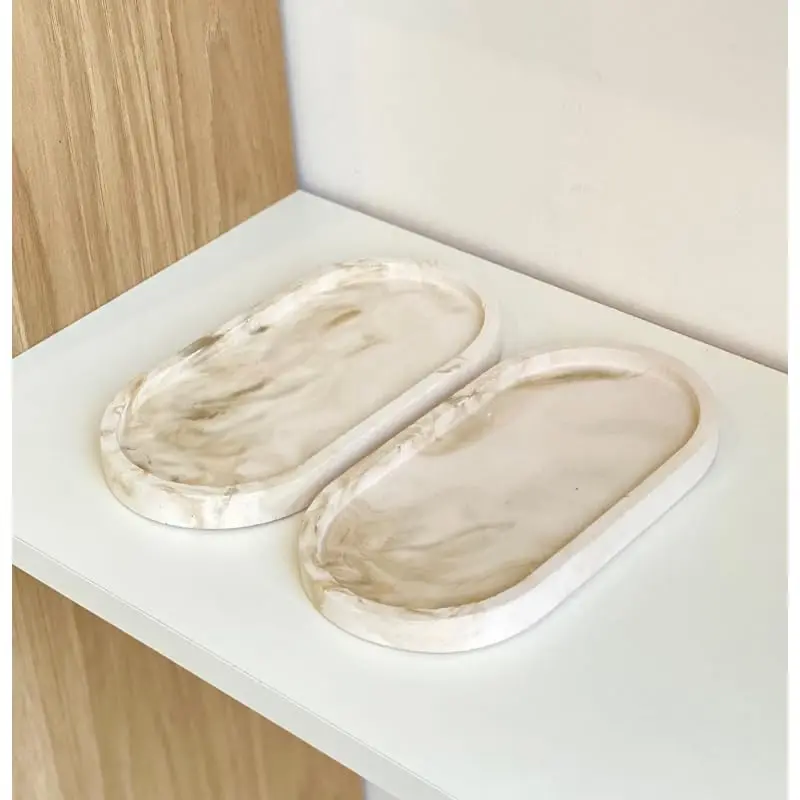 Kit com 2 Bandejas Ovais Decorativas em Cimento Branco Artesanal para Lavabo e Organização(2 Peças Efeito Mármore Marrom) - 1