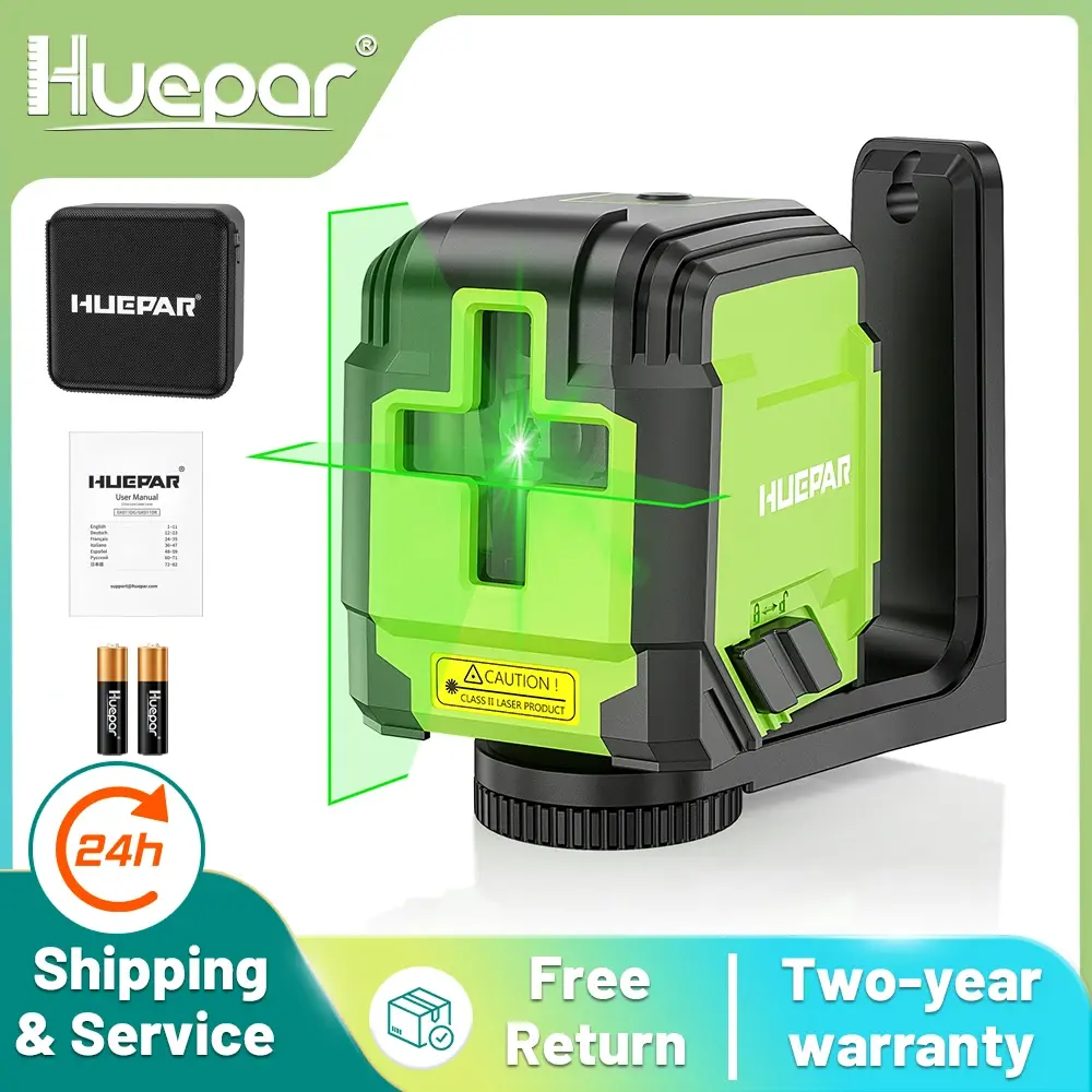 Huepar nível laser de linha cruzada com base magnética em forma de l osram feixe verde 2 linhas auto-nivelamento ferramenta laser horizontal e vertical