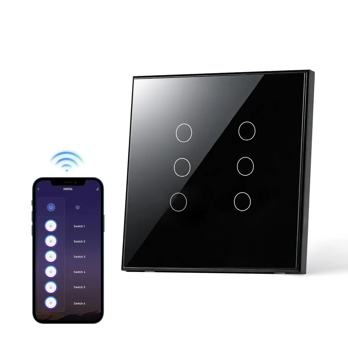 Interruptor Inteligente Wi-Fi 2,4 GHz 6 Teclas, Painel de Vidro Temperado, Controle por App e Voz (Alexa/Google), Temporizador/Automação, Compartilhamento Familiar, 100–240 V (Preto)