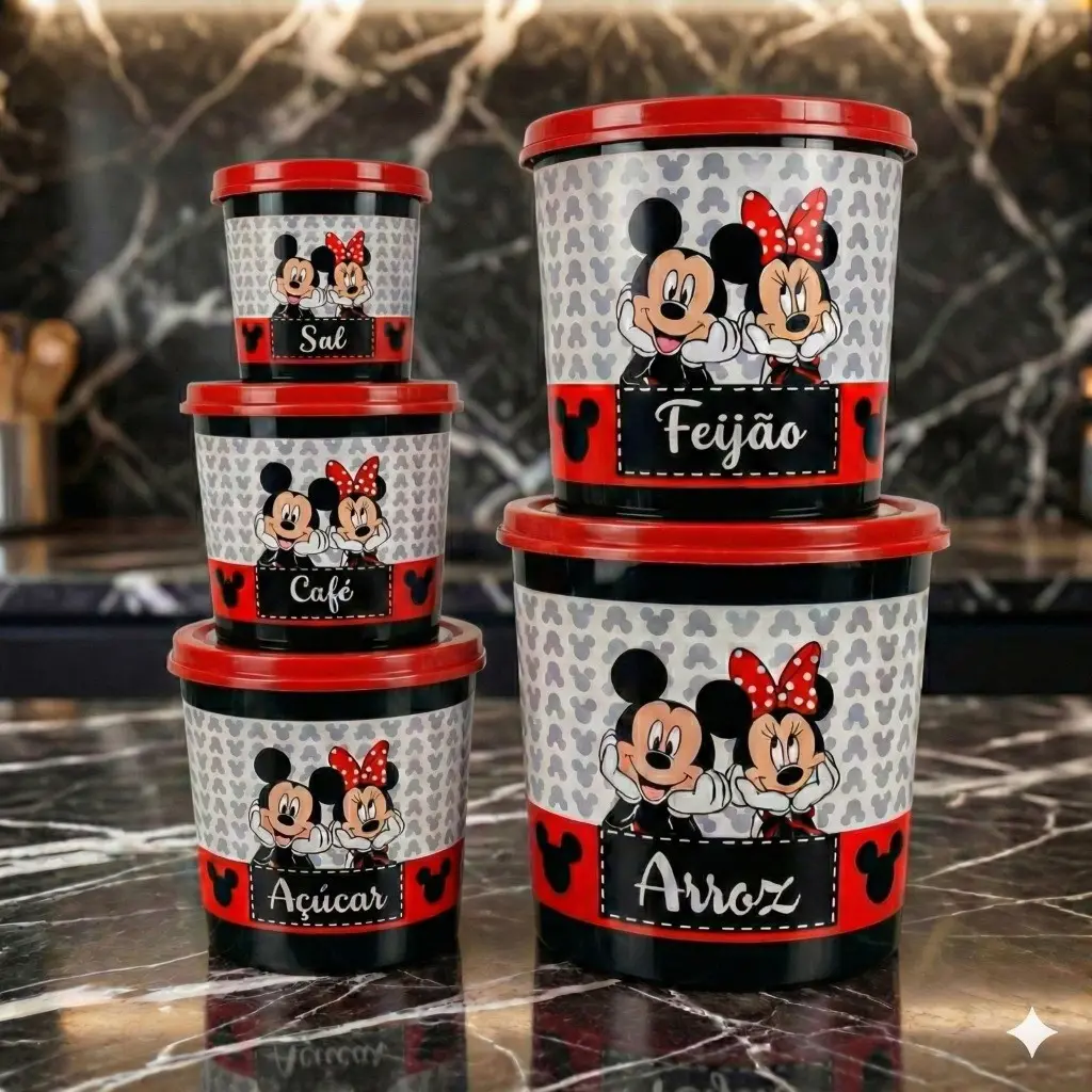Kit 5 Potes Mantimentos Arroz Feijão Café Açúcar Sal Mickey e Minnie - 1