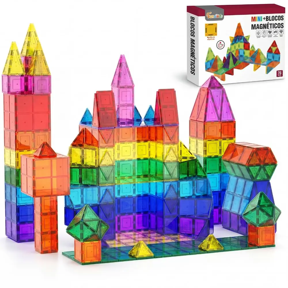 Mini Blocos Magnéticos Infantil de Montar 76 Peças Brinquedo Educativo STEM | Jogo pedagógico de construção 2D e 3D para coordenação motora, raciocínio lógico, criatividade e aprendizado STEM.