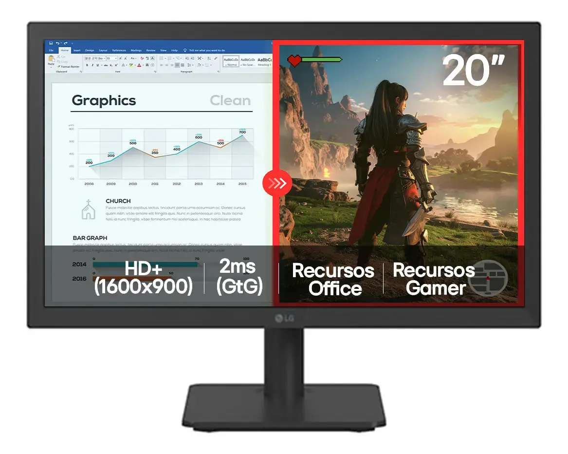 Monitor LG LED 20" - HD+, 75Hz, 2ms, HDMI/VGA, Modo Leitura, Flicker Safe, Black Stabilizer, Dynamic Action Sync, Preto- 20U401A - 1