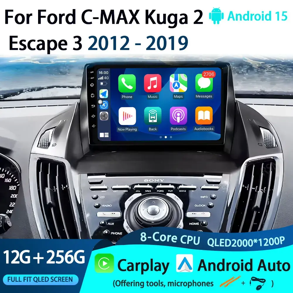 Central Multimídia Android 15 QLED para Ford C-MAX Kuga 2 Escape 3 2012-2019 com Android Auto, GPS e Carplay - 1