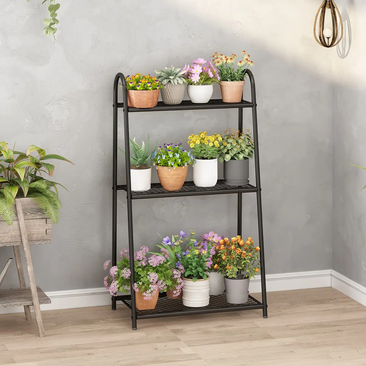 Suporte para Plantas 3 Camadas, Estante para Plantas Multifuncional para 7 Vasos, Rack de Plantas Interno e Externo, Decoração Boho para Sala de Estar e Jardim Pequeno