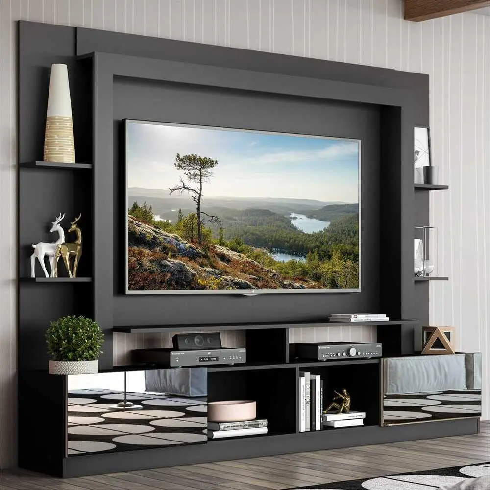 Rack c/Painel e Suporte Tv 65" Portas c/Espelho Oslo Multimóveis Preto/lacca Fumê