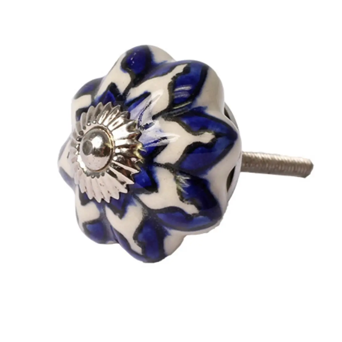 Puxador Pumpkin em Cerâmica 4x4x5 cm para Gaveta, Armário, Porta e Móveis Decorativos (Azul e Branco)