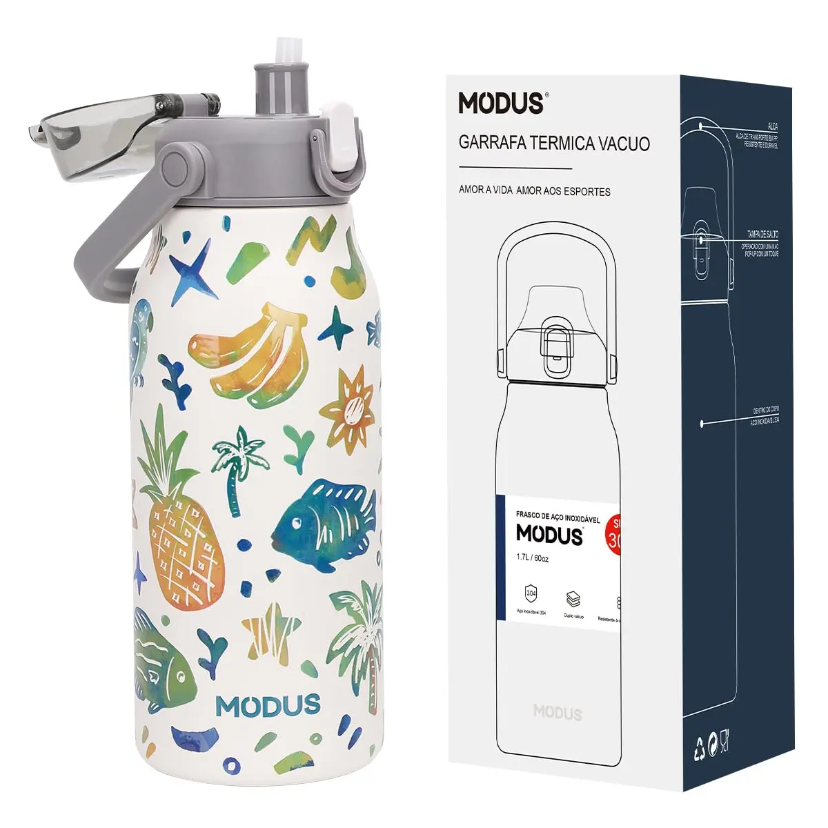 Garrafa Térmica De Grande Capacidade Isolada a Vácuo 1700mL (Branco Frutas Tropicais)