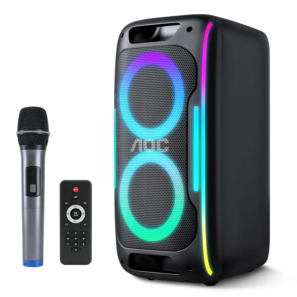 Caixa de Som Bluetooth AOC 50W Festa LED Microfone Sem Fio | Luzes Sincronizadas,Função TWS para Som Estéreo e Karaokê, Entradas USB/TF/AUX, Função REC/FM/BT/MIC