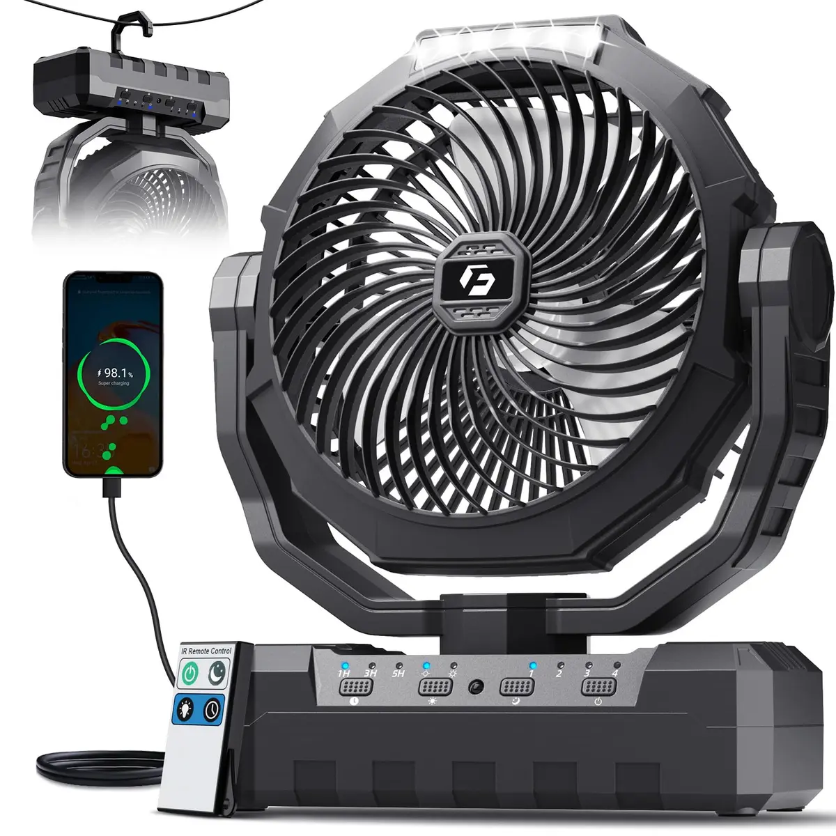 FRIZCOL Ventilador de acampamento 3 em 1 - ventiladores portáteis recarregáveis - Ventilador alimentado por bateria de 24000 mAh com luz e controle remoto para interior, exterior, barraca, viagem