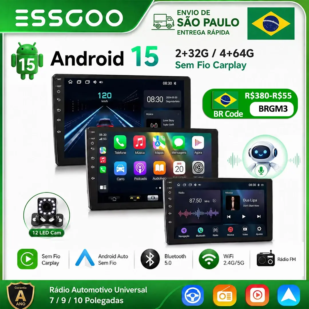 ESSGOO Android 15 4G 64G Multimídia Sem Fio Carplay Automotivo Rádio Navegação GPS Para Toyota Hyundai Nissan Kia LADA FIAT VW - 1
