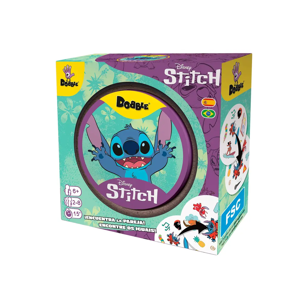 Asmodee, Dobble: Stitch, Jogo de Cartas 5 em 1 para 2 a 8 Jogadores | A Partir de 6 Anos, Partidas de 15 Minutos, Jogo de Observação e Reflexos Rápido, Disney, Jogue com Crianças e a Família