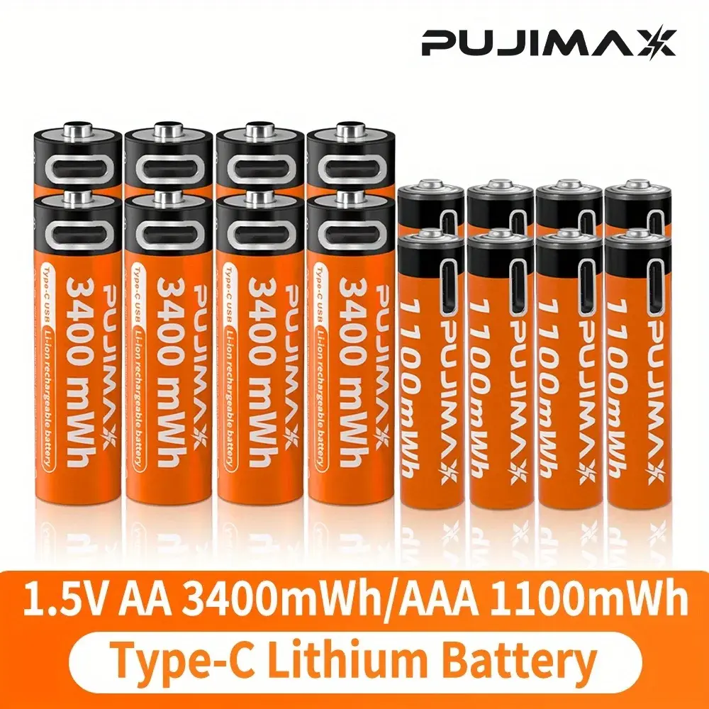 Pujimax 1.5v aa & aaa bateria de lítio recarregável 3400mwh/1100mwh, carregamento de porta tipo c ser reutilizado 1500 vezes para despertadores
