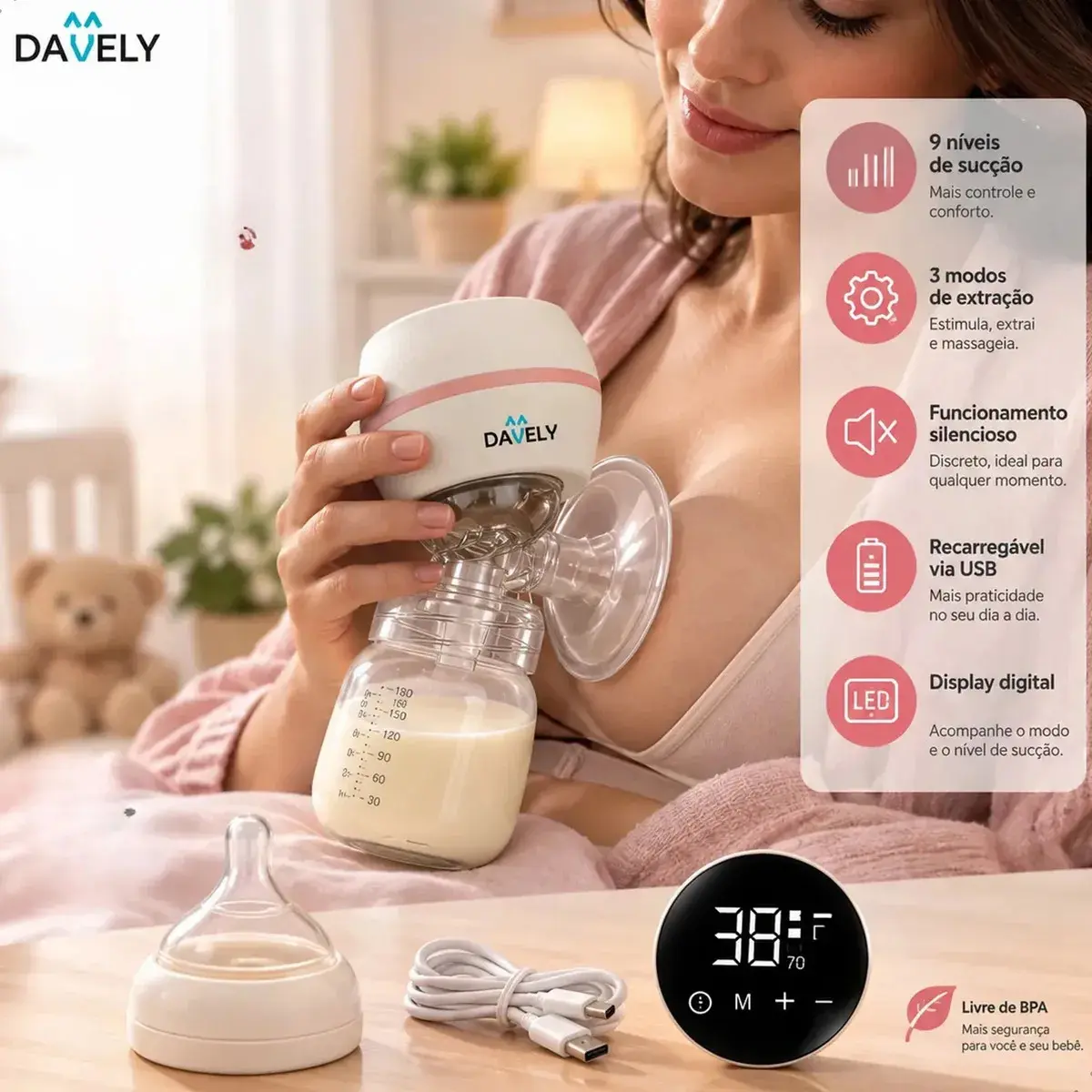 Bomba Tira Leite Materno Elétrica Portátil + Mamadeira Extratora Amamentação Sem BPA Coletor Sugador Bombinha Peito 3 Modos 9 Níveis de Sucção Recarregável Silenciosa Display Digital Davely - 1