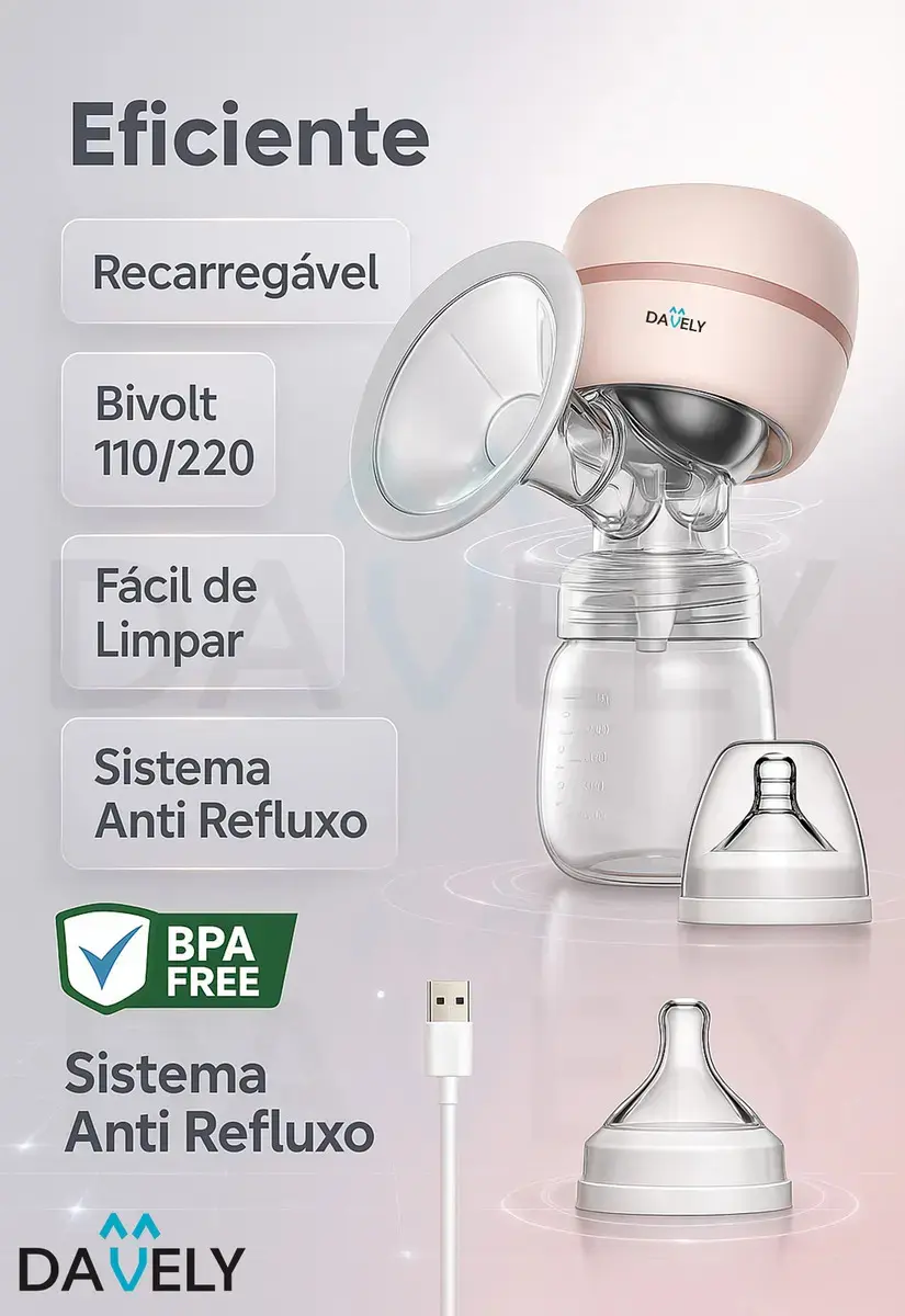 Bomba Tira Leite Materno Elétrica Portátil + Mamadeira Extratora Amamentação Sem BPA Coletor Sugador Bombinha Peito 3 Modos 9 Níveis de Sucção Recarregável Silenciosa Display Digital Davely thumbnail 4