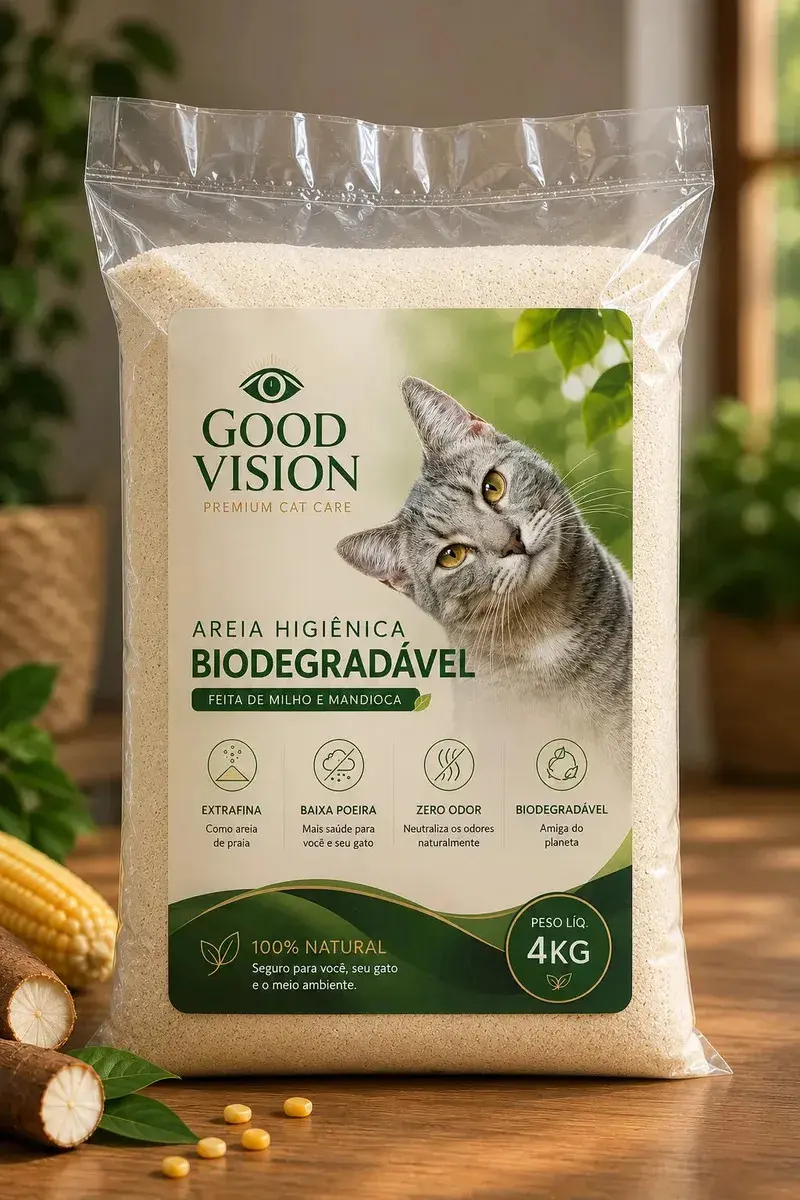 Areia Para Gatos 4kg Extrafina Biodegradavel Feita de Milho e Mandioca Anti Odor Baixa Poeira - Good Vision