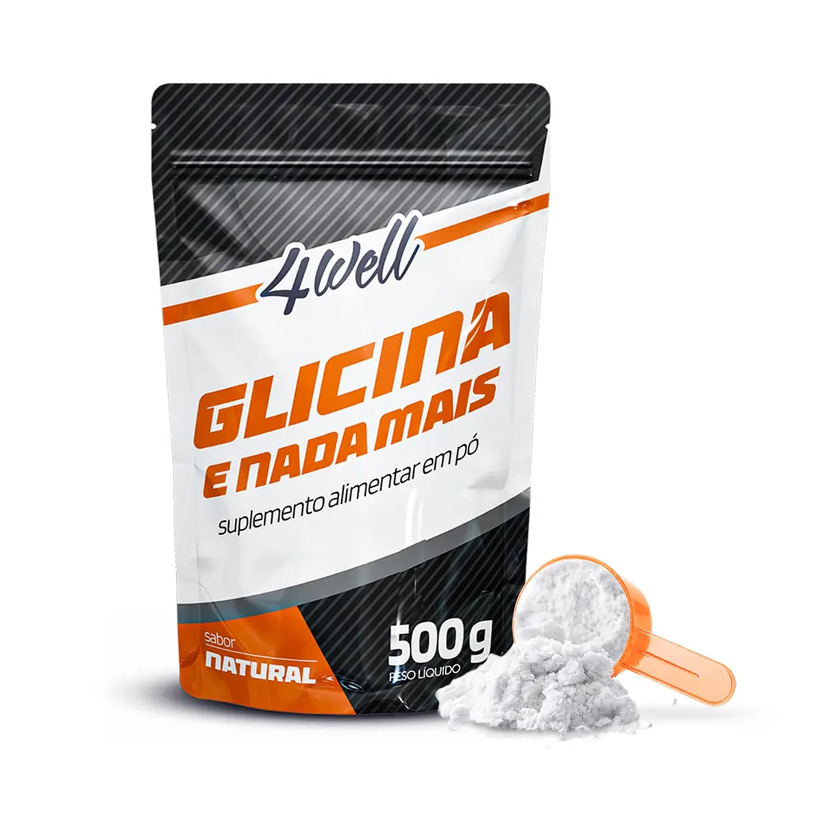 Glicina 500g Suplemento em Pó Sem Sabor 4Well | Glicina 100% pura em pó, embalagem de 500g, sem lactose, sem glúten e com scoop dosador.
