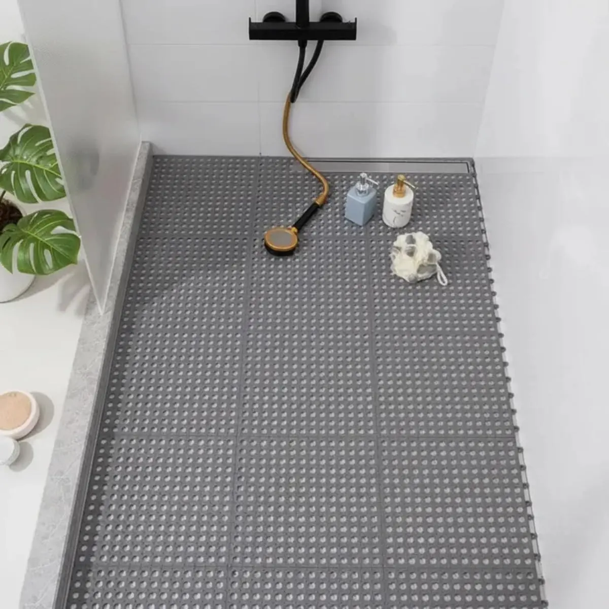 Kit 6 Tapetes Modulares Antiderrapantes para Banheiro e Box PVC Flexível Sistema Click Encaixe Perfeito 30x30cm Branco Cinza (Cinza)