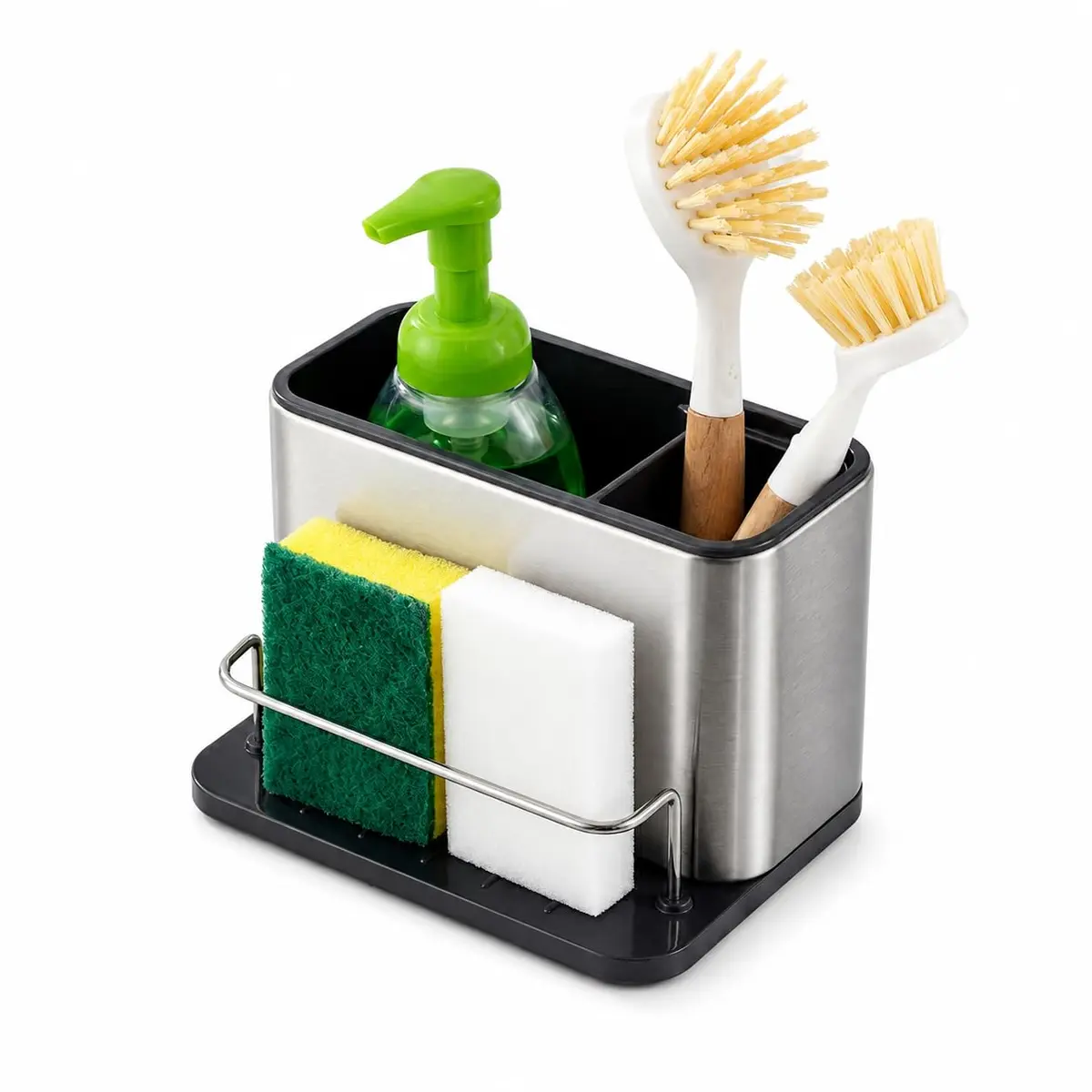 Organizador de Pia Multiuso em Aço Inox com Porta Detergente, Esponja, Escovas e Talheres