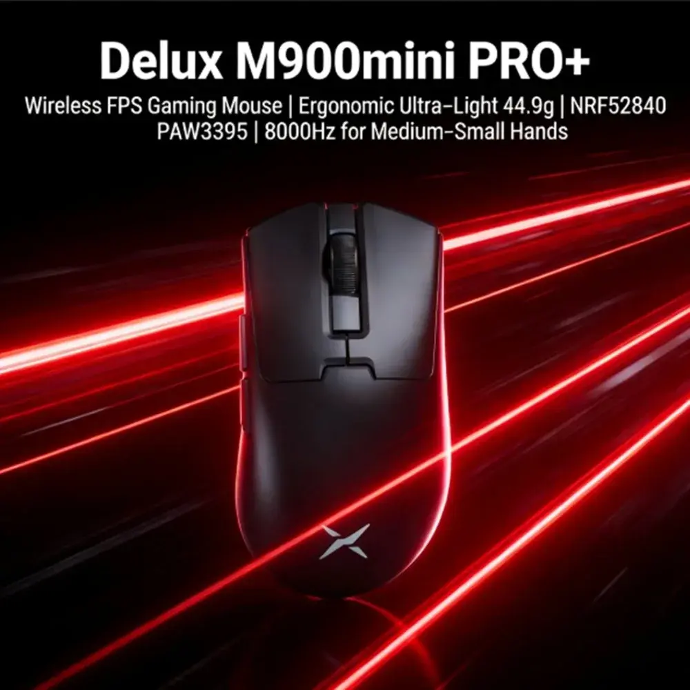 Mouse Gamer Sem Fio Delux M900mini PRO+ para Jogos FPS | Ergonômico Ultra-Leve 44,9g | NRF52840 PAW3395 | 8000Hz para mãos médias a pequenas