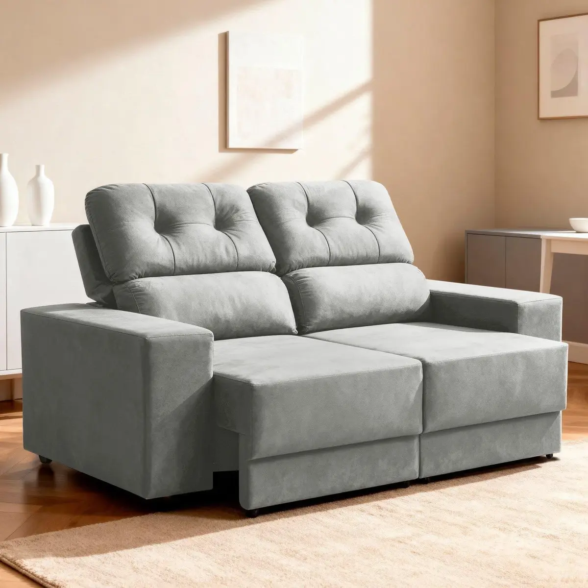 Sofá Retrátil e Reclinável 180cm Veludo Oslo Cinza Cinza