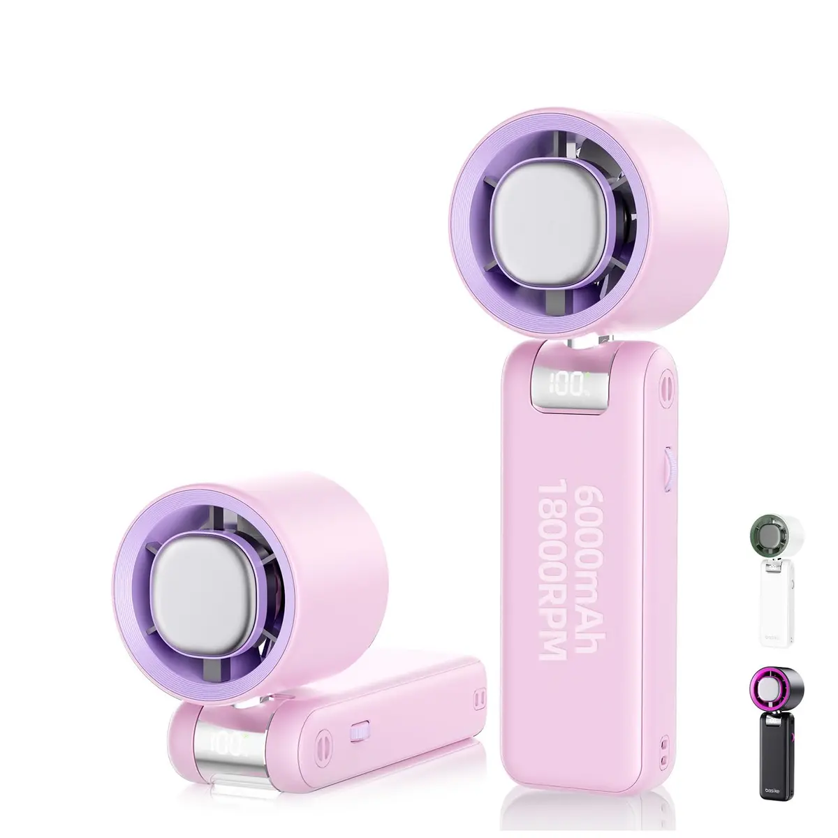 Basike Ventilador de Mão Portátil Recarregavel com Display Digital(Rosa) | Função Resfriamento, 100 Níveis, 12W Bateria 6000mAh, Anjo Ajustável 180°, para Casa, Viagens e Escritório Durante o Verão