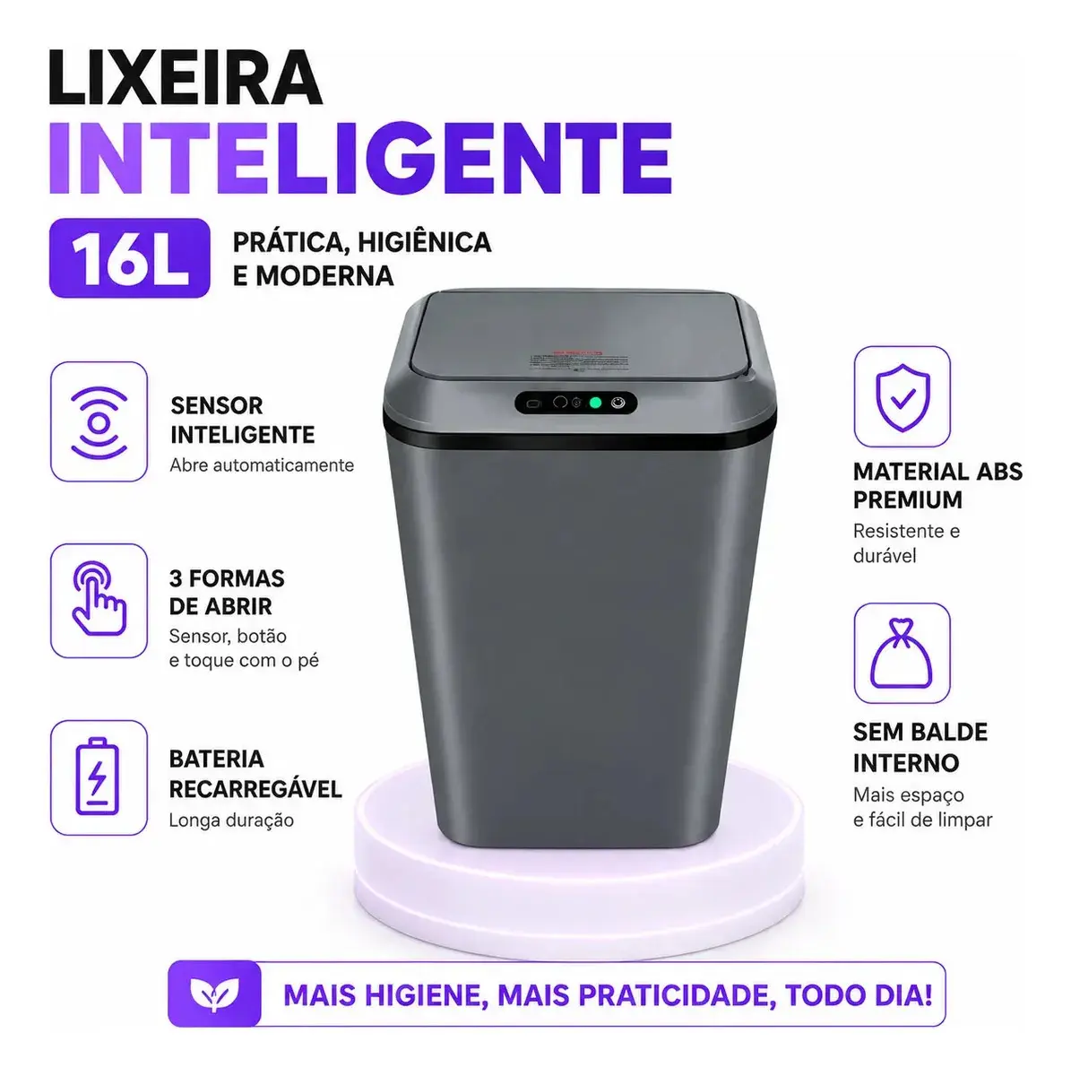 Lixeira Smart Automática com Sensor Infravermelho Tampa Silenciosa Recarregável USB para Cozinha Banheiro thumbnail 2