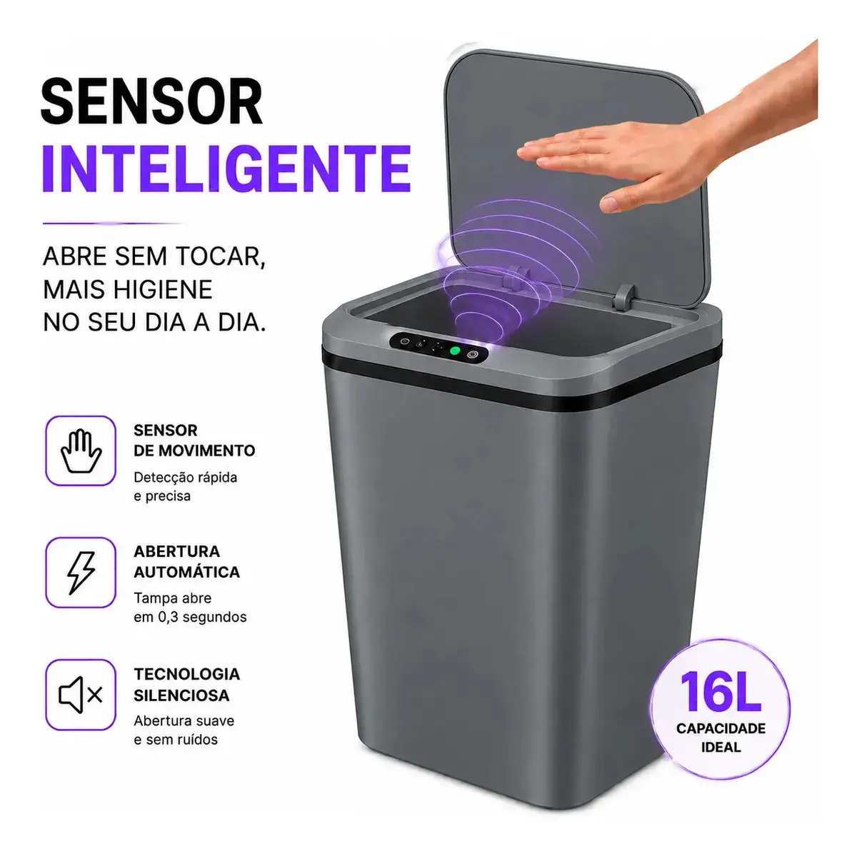 Lixeira Smart Automática com Sensor Infravermelho Tampa Silenciosa Recarregável USB para Cozinha Banheiro thumbnail 4