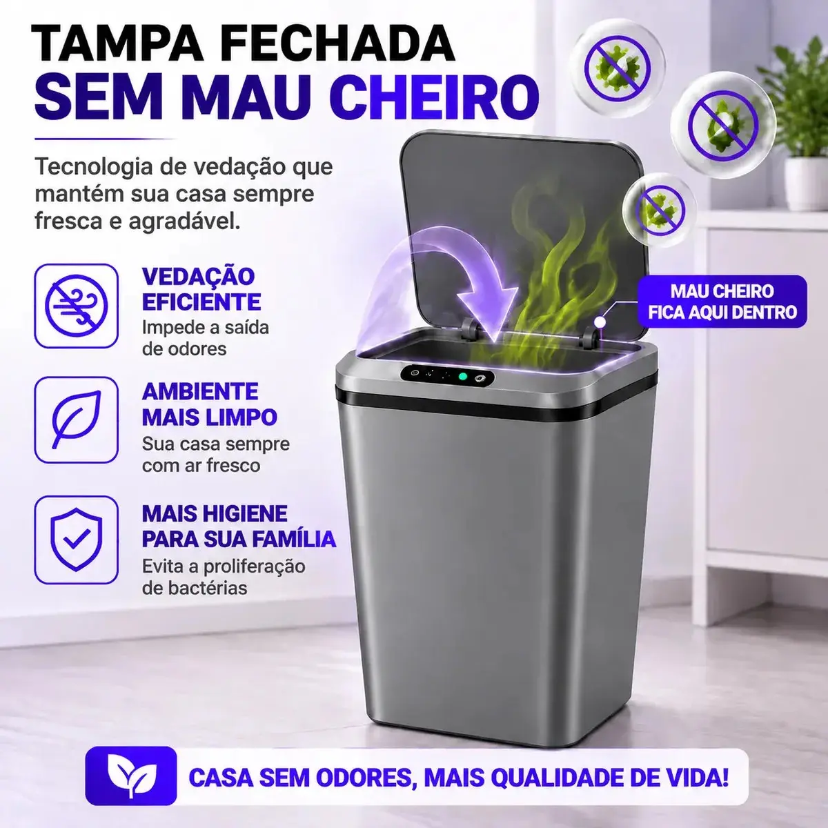 Lixeira Smart Automática com Sensor Infravermelho Tampa Silenciosa Recarregável USB para Cozinha Banheiro thumbnail 5