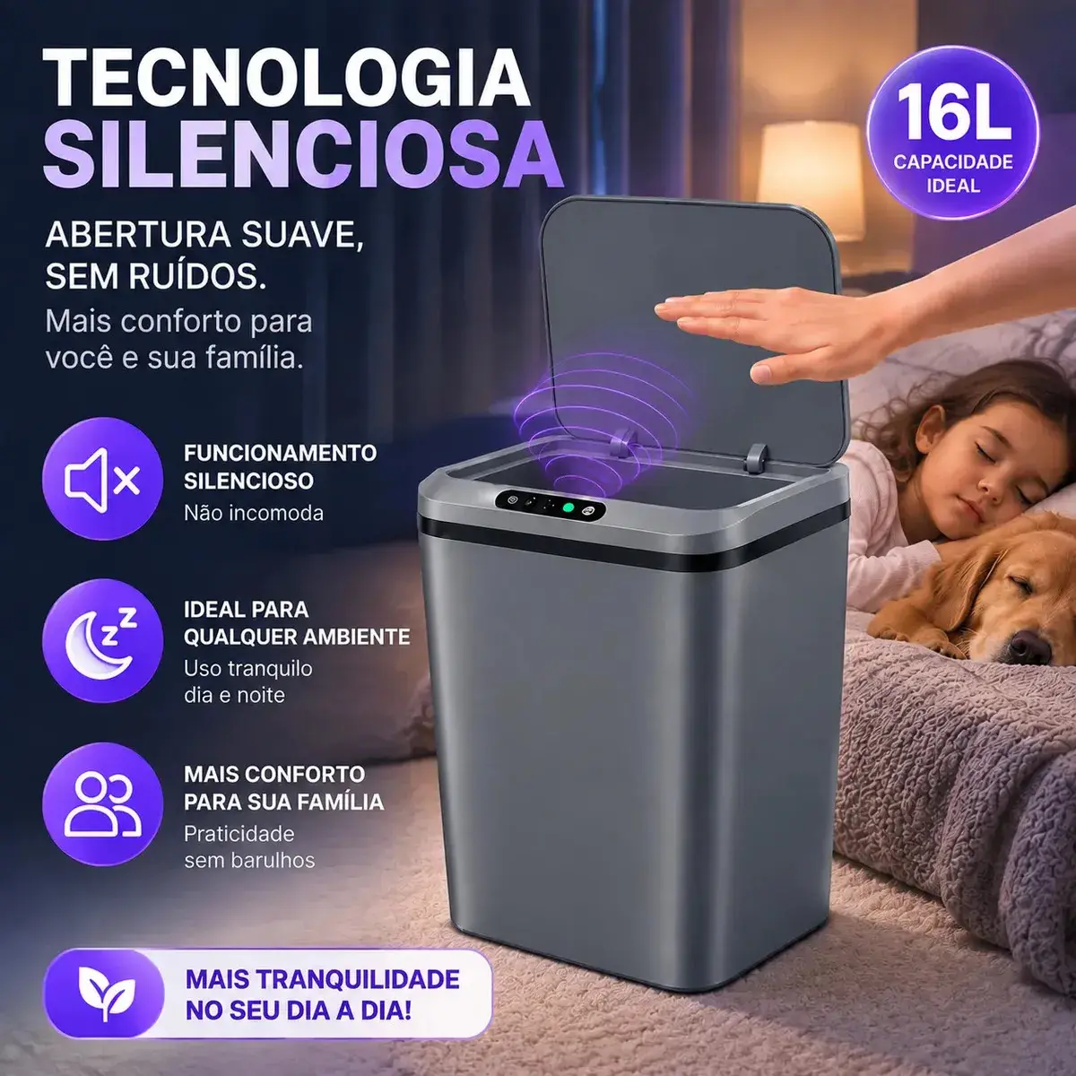 Lixeira Smart Automática com Sensor Infravermelho Tampa Silenciosa Recarregável USB para Cozinha Banheiro thumbnail 6
