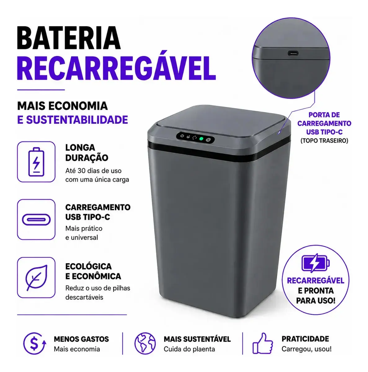 Lixeira Smart Automática com Sensor Infravermelho Tampa Silenciosa Recarregável USB para Cozinha Banheiro thumbnail 7