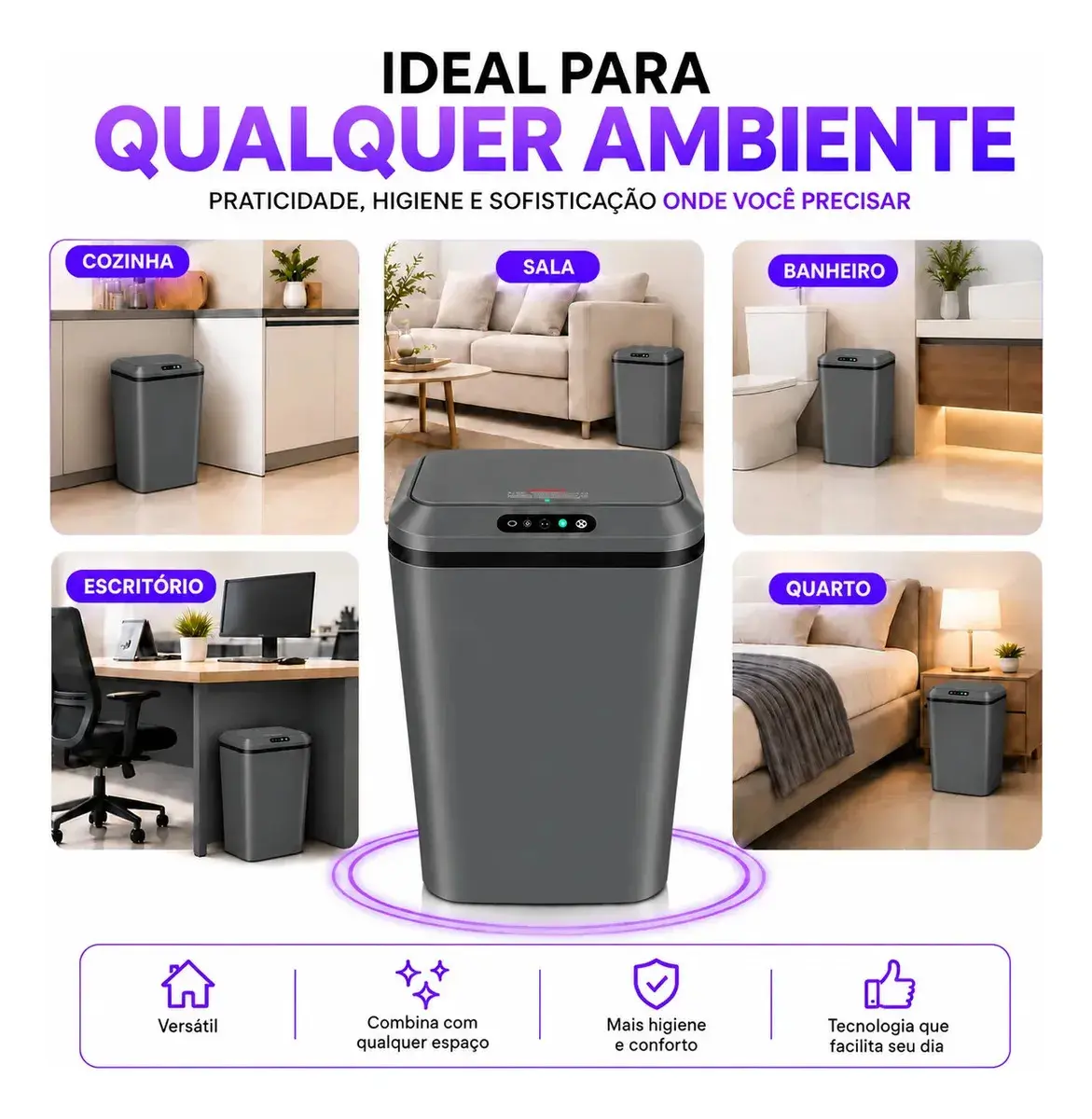 Lixeira Smart Automática com Sensor Infravermelho Tampa Silenciosa Recarregável USB para Cozinha Banheiro thumbnail 8