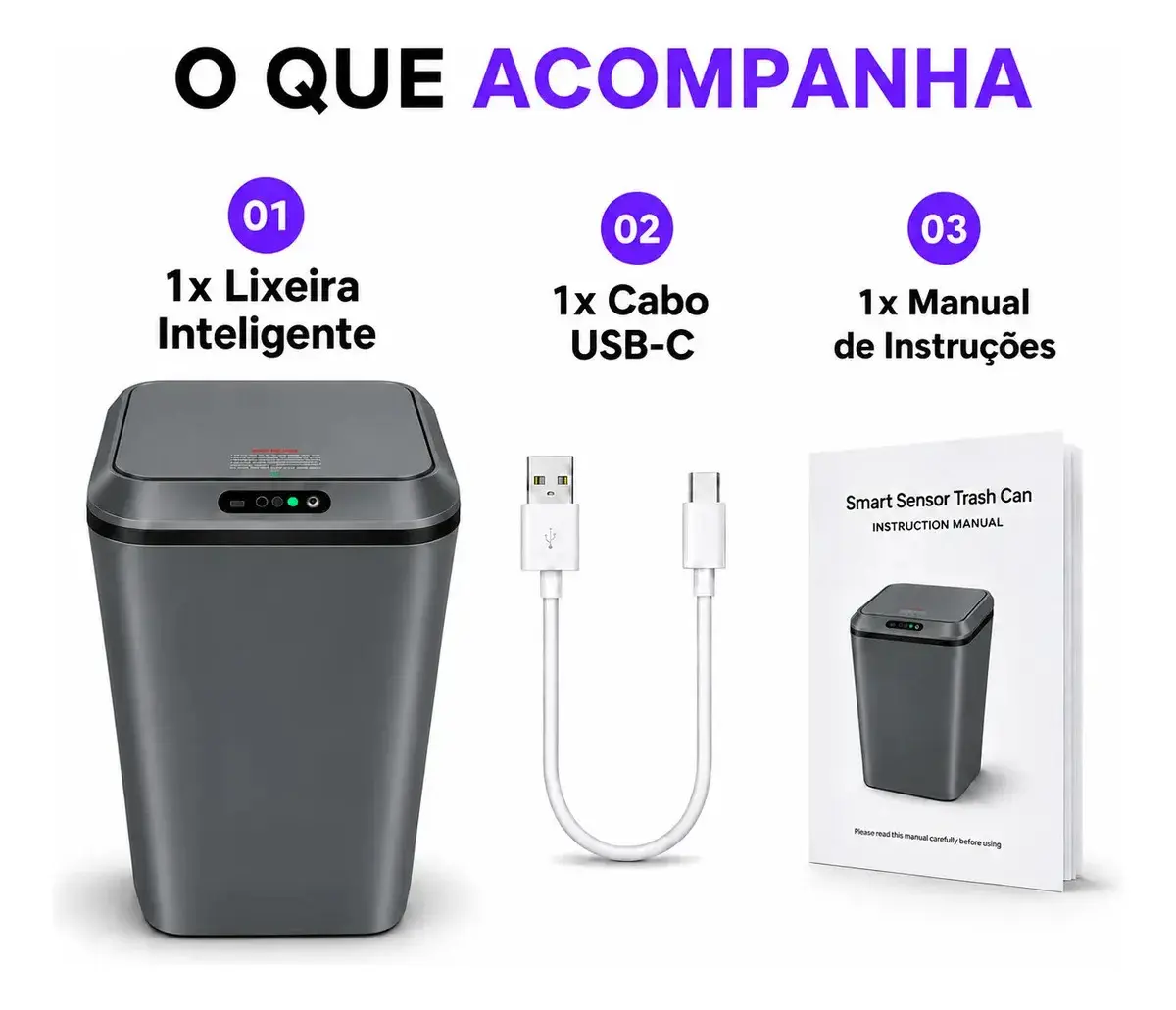 Lixeira Smart Automática com Sensor Infravermelho Tampa Silenciosa Recarregável USB para Cozinha Banheiro thumbnail 9