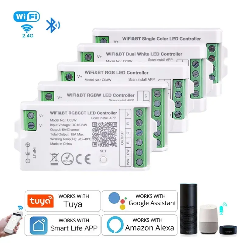 Tuya wifi led controlador alexa google casa controle de voz rgb rgbw cct tira led controlador inteligente app bt rf remoto 2.4g DC12V-24V