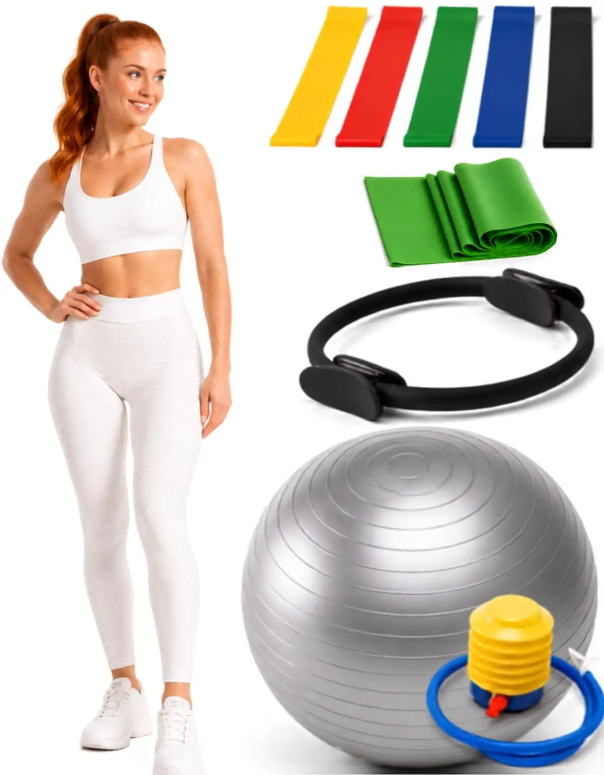 Kit Pilates Completo com Bola 55cm, Anel, Faixa Elástica, Mini Bands, Bomba de Ar, Equipamento para Exercícios em Casa - Yoga Ginástica e Fisioterapia, Anti-Estouro Suporta Até 200kg Látex Durável